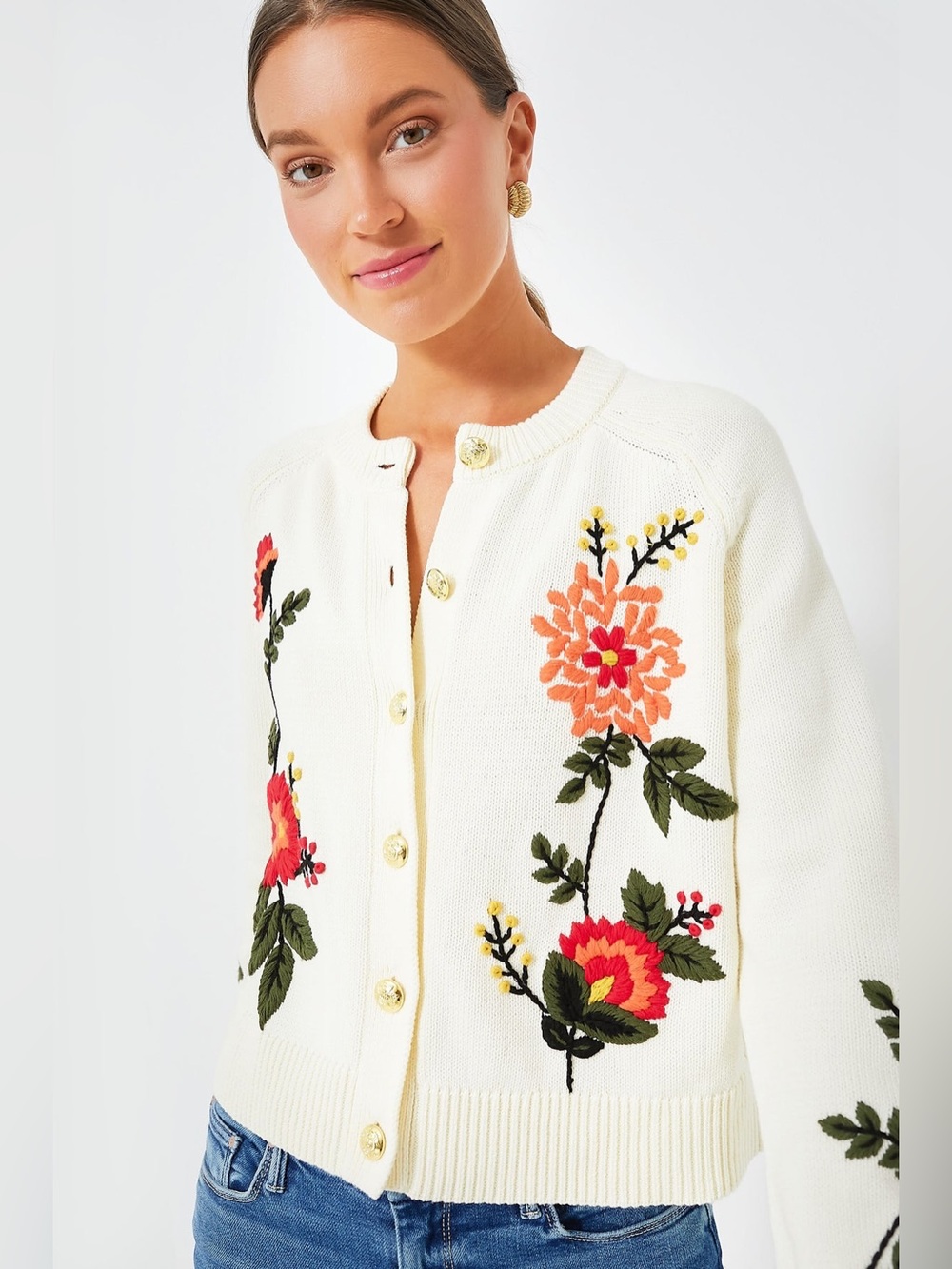 Tuckernuck Embroidered Quincy Cream Cardigan with Multicolor Floral Size Medium